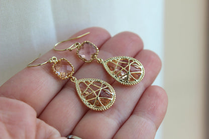 Gold Blush Earrings Twisted Two Tier Champagne Peach Wedding Jewelry Pink Blush Bridesmaid Earrings Gift Peach Bridal Jewelry Gift Under 35