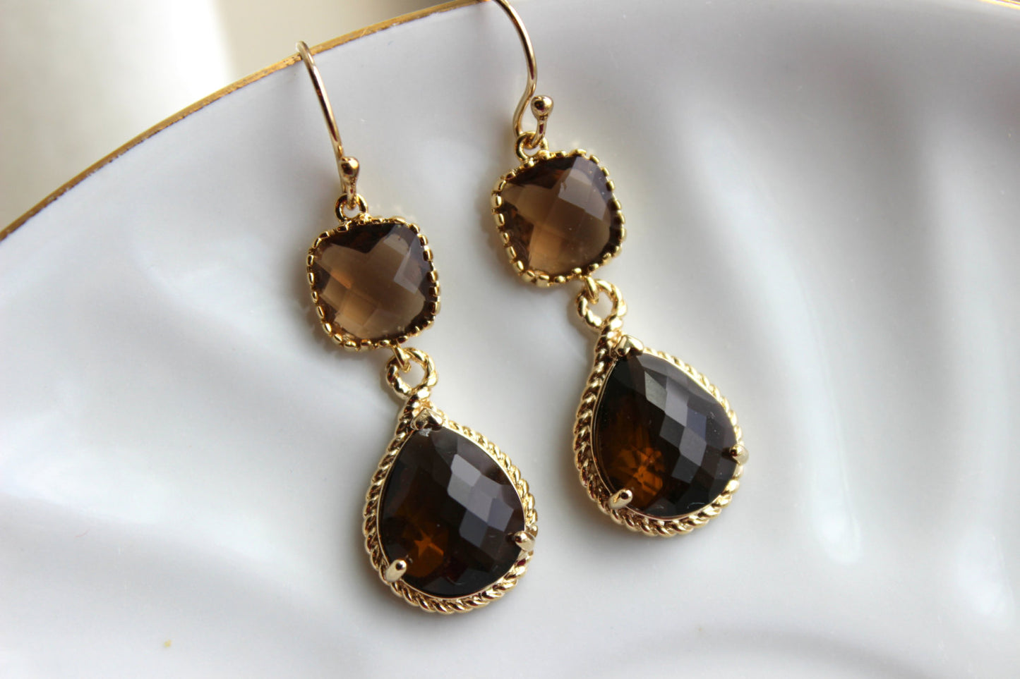 Gold Brown Earrings Two Tiered - Smoky Brown Topaz Wedding Jewelry - Smokey Brown Bridesmaid Earrings Gift Bridal Jewelry - Gift Under 35