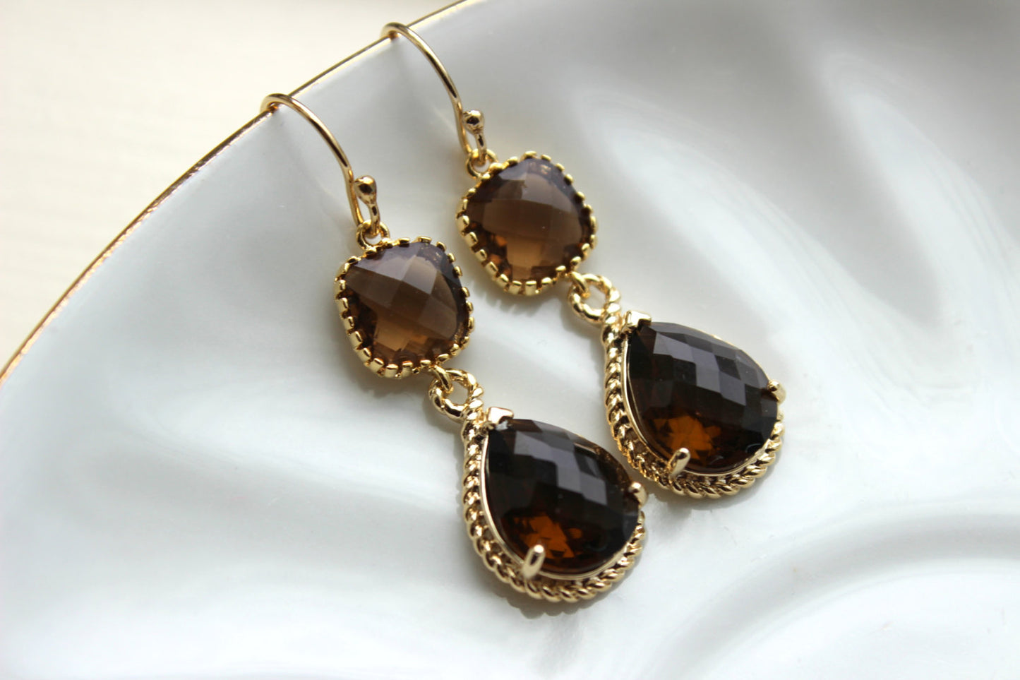 Gold Brown Earrings Two Tiered - Smoky Brown Topaz Wedding Jewelry - Smokey Brown Bridesmaid Earrings Gift Bridal Jewelry - Gift Under 35