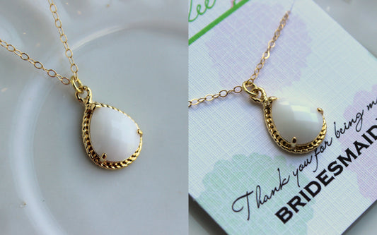 Gold White Opal Necklace - Cream Milk White Wedding Necklace Jewelry Bridesmaid Gift Jewelry - White Opal Bridal Jewelry - Gift Under 30