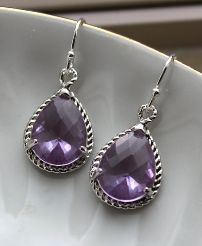 Silver Lavender Earrings Purple Lilac Teardrop Pendant - Purple Bridesmaid Earrings Wedding Earrings Bridal Earrings Lavender Silver Jewelry