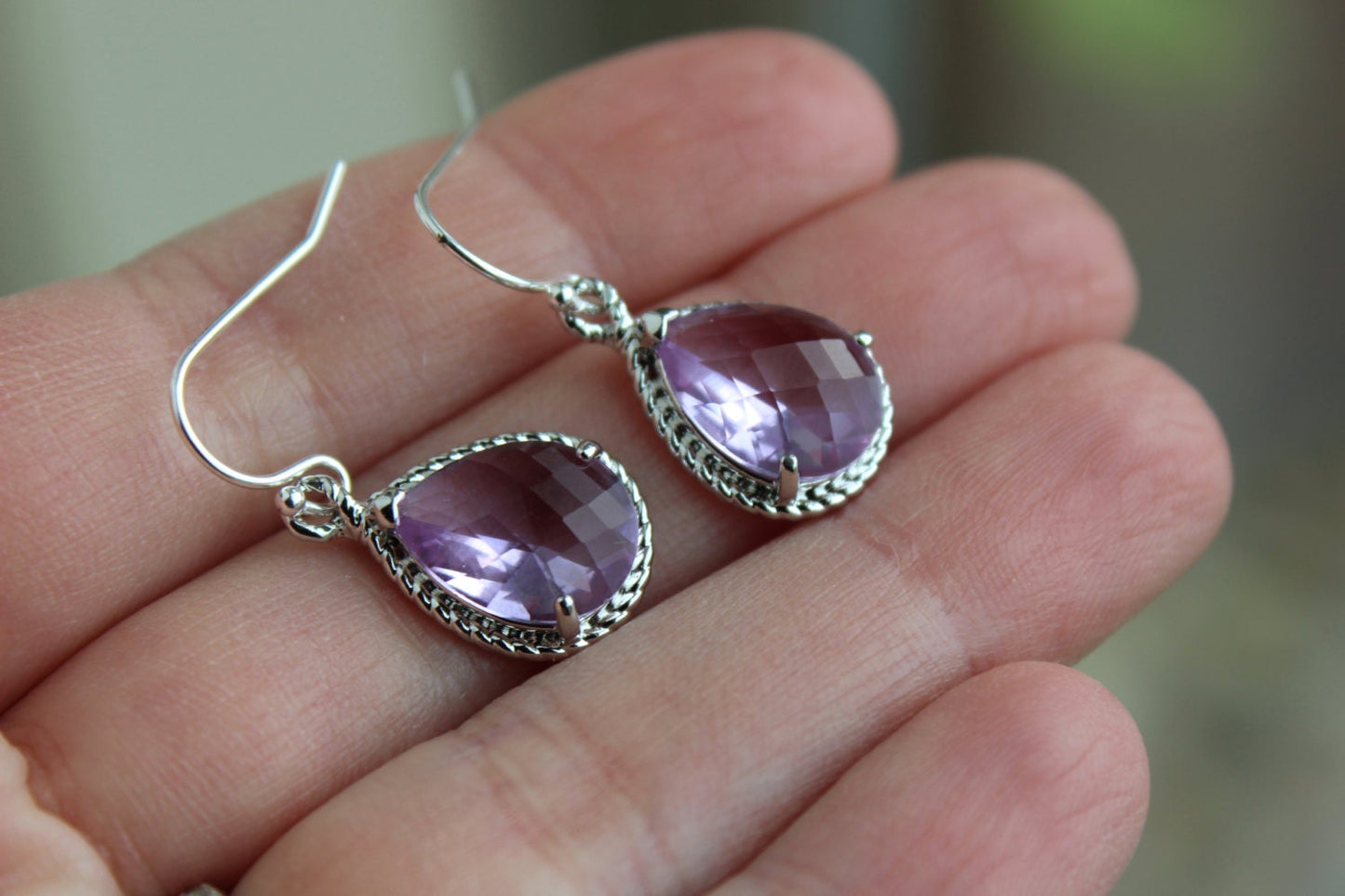 Silver Lavender Earrings Purple Lilac Teardrop Pendant - Purple Bridesmaid Earrings Wedding Earrings Bridal Earrings Lavender Silver Jewelry