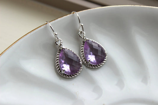 Silver Lavender Earrings Purple Lilac Teardrop Pendant - Purple Bridesmaid Earrings Wedding Earrings Bridal Earrings Lavender Silver Jewelry