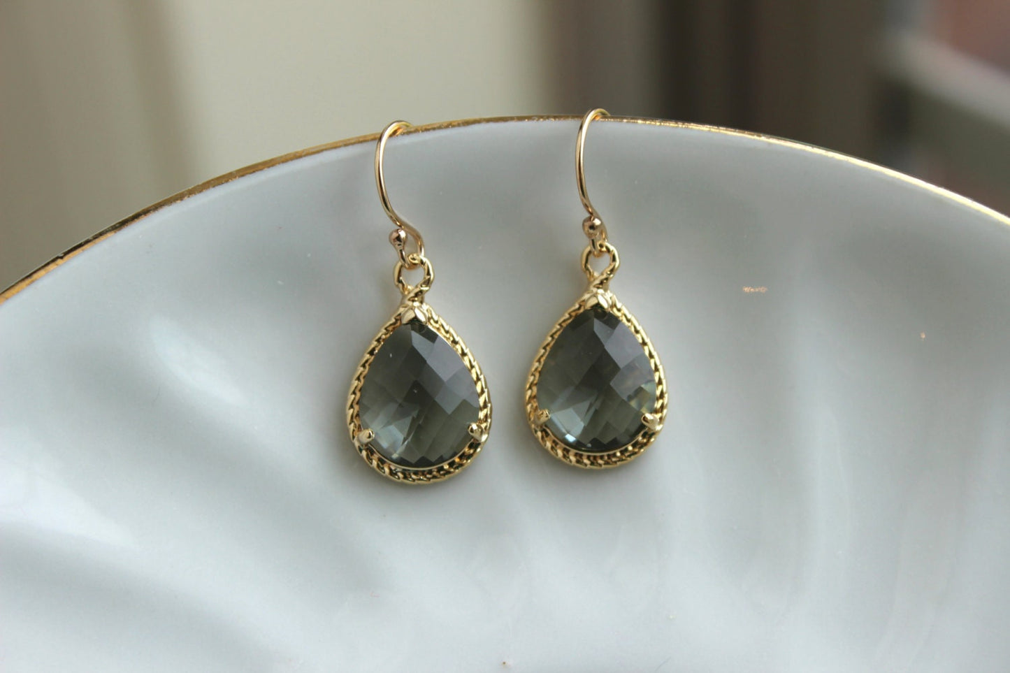 Charcoal Gray Earrings Gold Teardrop Earrings - Grey Gray Bridesmaid Earrings Slate Wedding Jewelry Earrings Bridal Earrings