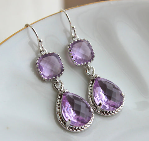 Silver Lavender Earrings Lilac Purple Jewelry Teardrop Glass Two Tier Earrings Bridesmaid Earrings Wedding Earrings Lavender Wedding Jewelry
