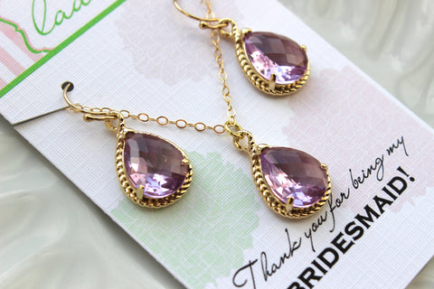 Gold Lavender Earring Necklace Set Lilac Jewelry Set - Purple Wedding Jewelry Set Bridesmaid Jewelry Bridal Gift Personalized Note Card