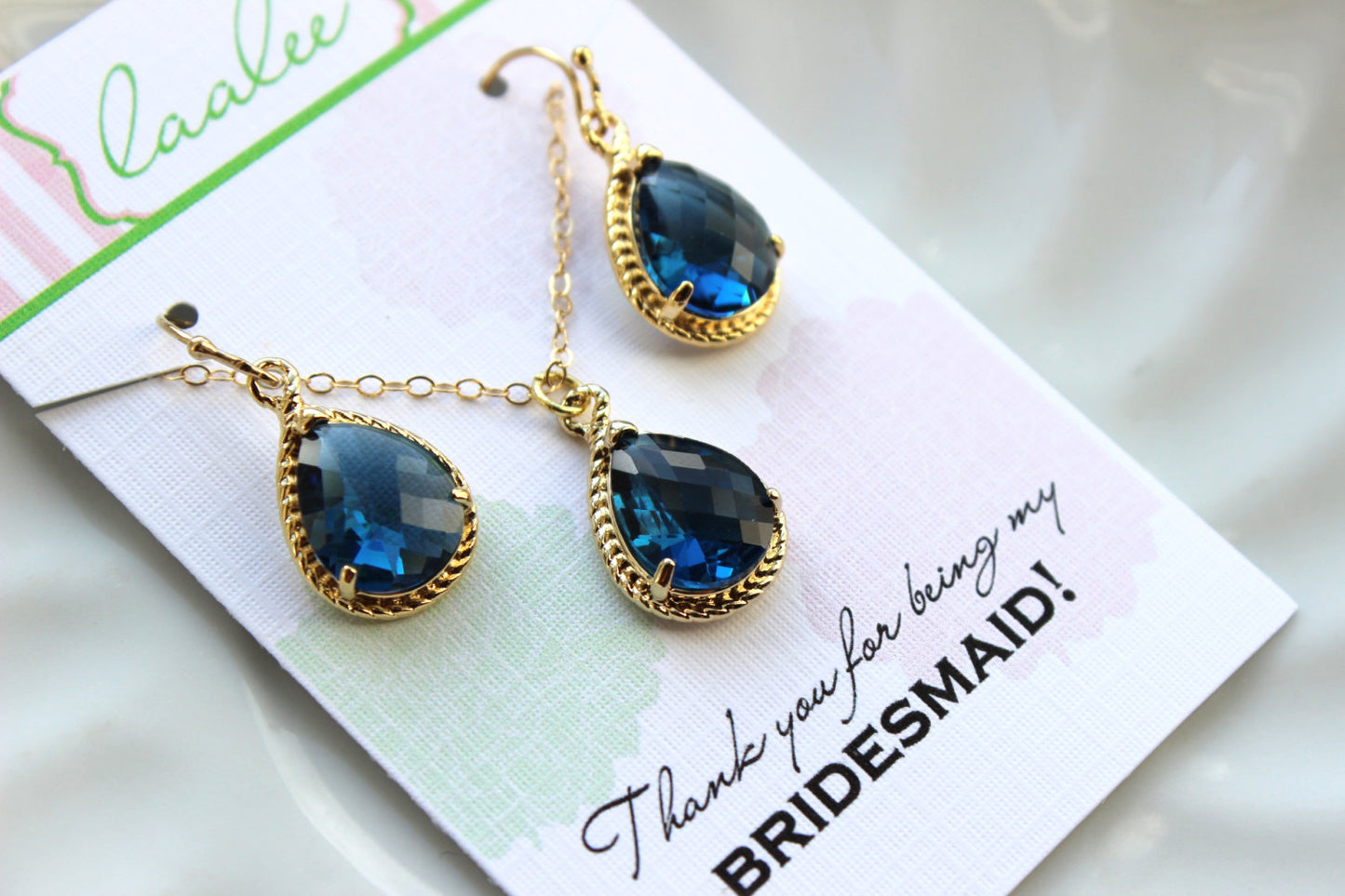 Gold Sapphire Blue Earring Necklace Set Navy Jewelry Set Sapphire Wedding Jewelry Set Bridesmaid Jewelry Bridal Gift Personalized Note Card