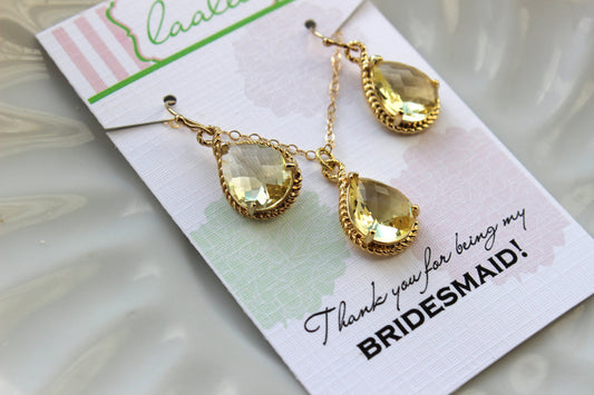 Gold Citrine Earring Necklace Set Yellow Citrine Jewelry Set - Wedding Jewelry Set Bridesmaid Jewelry Bridal Gift Personalized Note Card
