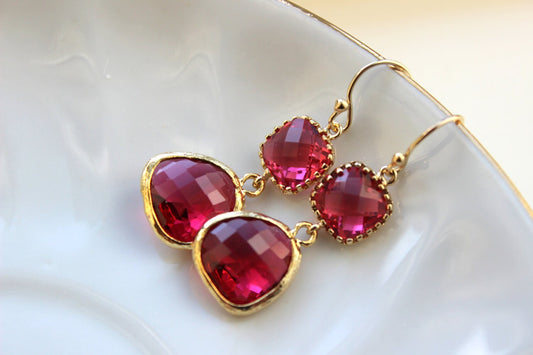 Fuchsia Earrings Pink Gold - Bridesmaid Earrings - Bridal Earrings - Hot Pink Wedding Jewelry - Wedding Earrings - Gift under 35