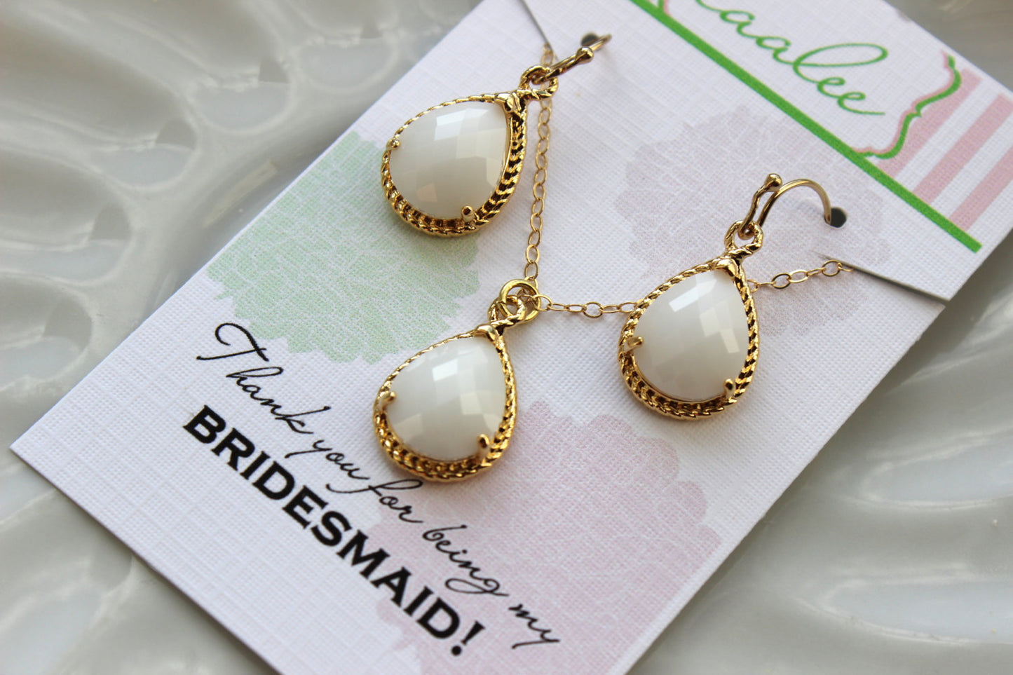 Gold White Opal Earring Necklace Set Cream Milk Jewelry Set - Wedding Jewelry Set Bridesmaid Jewelry Bridal Gift Personalized Note Card