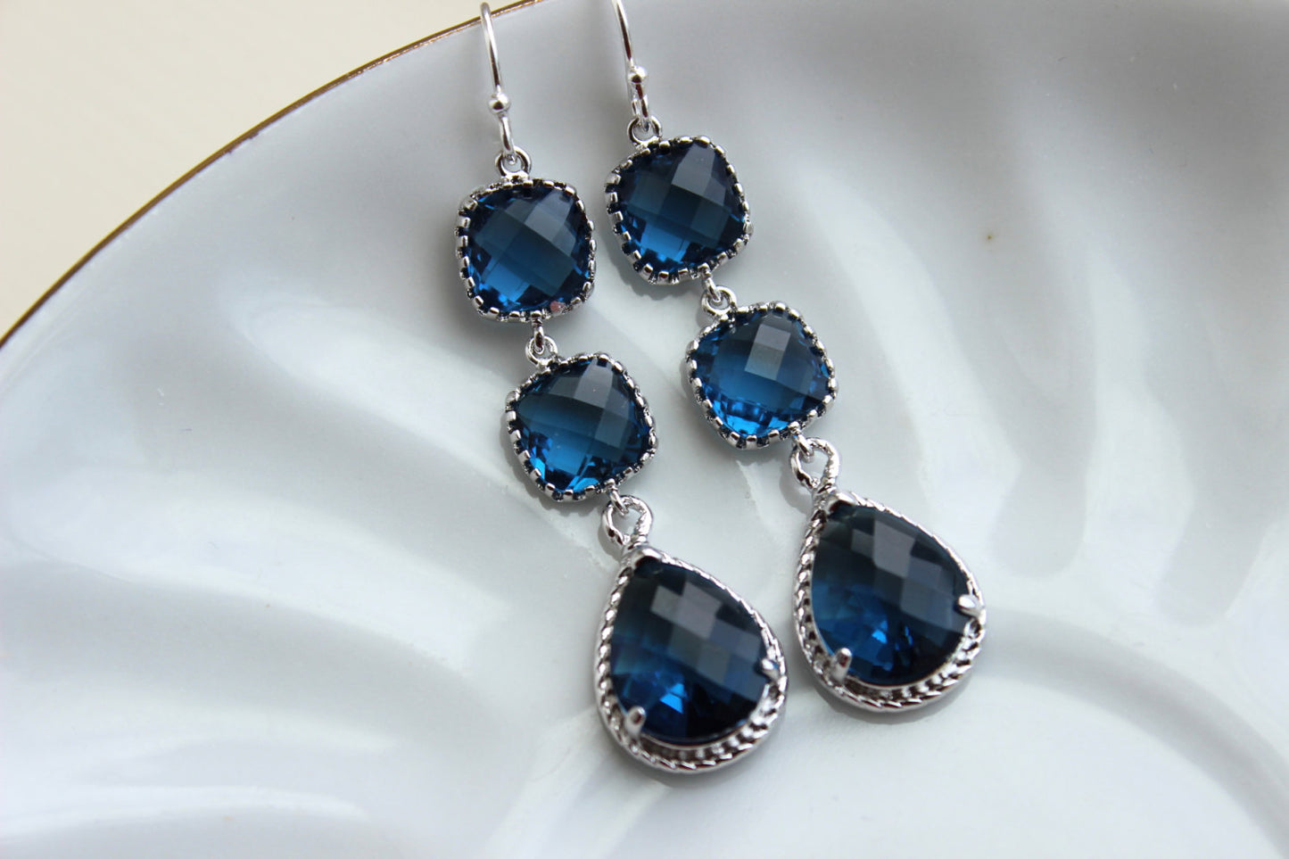 Silver Sapphire Earrings Three Tiered - Navy Blue Wedding Jewelry - Silver Sapphire Bridesmaid Earrings Gift Bridal Jewelry - Something Blue