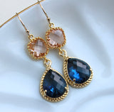 Gold Blush Earrings Sapphire - Champagne Peach Wedding Jewelry - Pink Navy Blue Bridesmaid Earrings Gift Navy Bridal Jewelry - Gift Under 35
