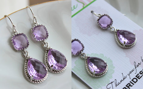 Silver Lavender Earrings Two Tiered - Purple Lilac Wedding Jewelry - Silver Lavender Bridesmaid Earrings Gift Bridal Jewelry - Gift Under 35