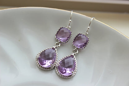 Silver Lavender Earrings Two Tiered - Purple Lilac Wedding Jewelry - Silver Lavender Bridesmaid Earrings Gift Bridal Jewelry - Gift Under 35