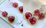 Gold Fuchsia Earrings Pink Two Tiered Jewelry - Hot Pink Wedding Jewelry - Fuchsia Bridesmaid Earrings Gift Bridal Jewelry - Gift Under 35