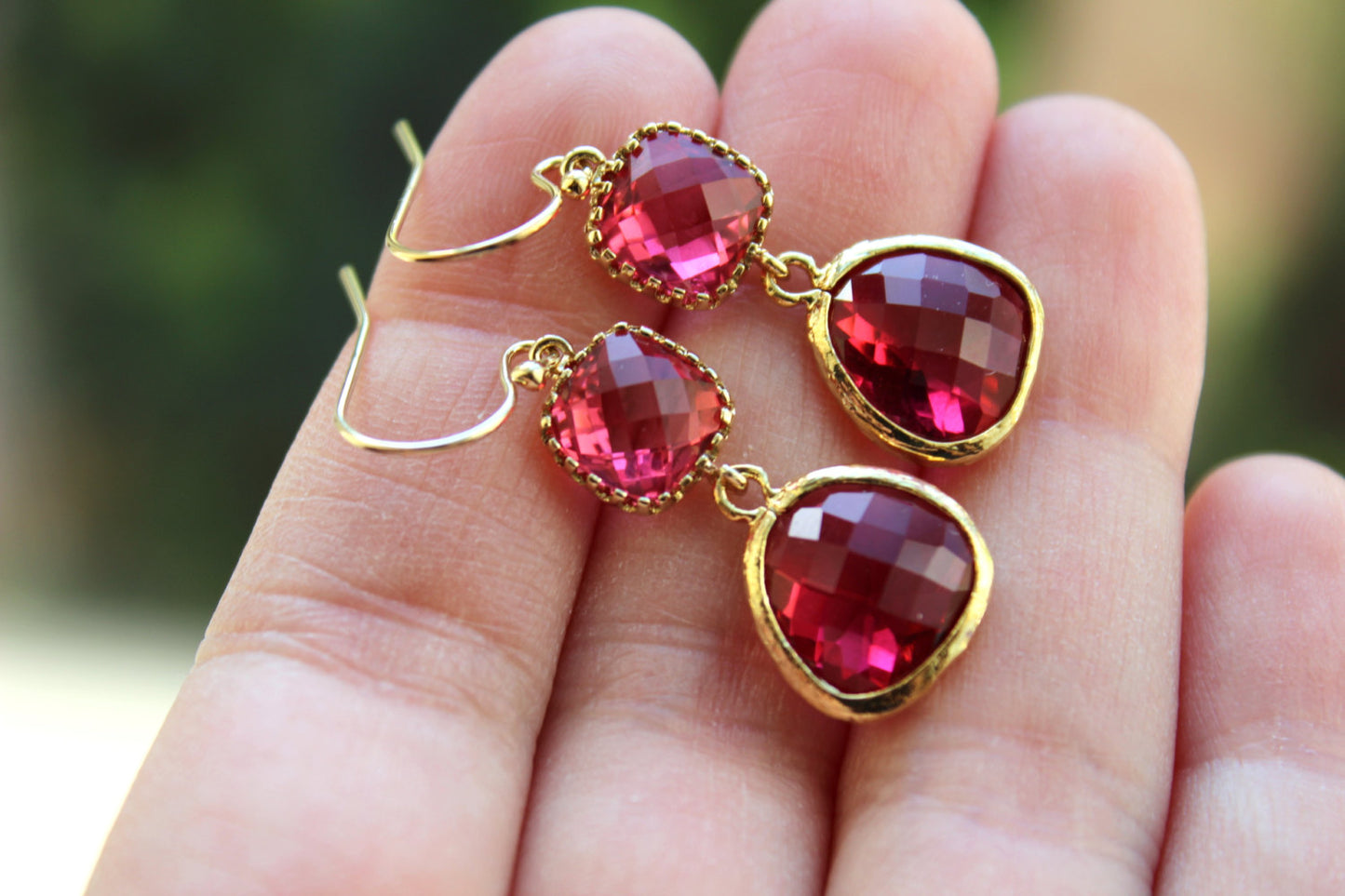 Gold Fuchsia Earrings Pink Two Tiered Jewelry - Hot Pink Wedding Jewelry - Fuchsia Bridesmaid Earrings Gift Bridal Jewelry - Gift Under 35