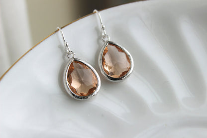 Silver Blush Earrings Champagne Peach Pink Teardrop Wedding Jewelry Blush Bridesmaid Earrings Bridal Jewelry Personalized Gift Under 25