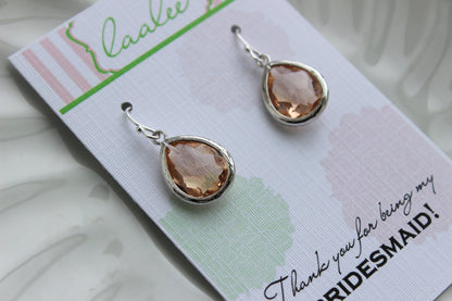 Silver Blush Earrings Champagne Peach Pink Teardrop Wedding Jewelry Blush Bridesmaid Earrings Bridal Jewelry Personalized Gift Under 25