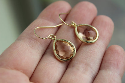Blush Champagne Earrings Gold Peach Teardrop Jewelry - Pink Bridesmaid Earrings Wedding Jewelry Bridal Earrings Blush Bridesmaid Jewelry