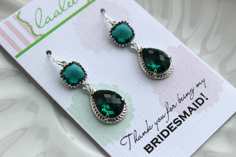 Silver Emerald Green Earrings Two Tiered - Emerald Wedding Jewelry - Dark Green Bridesmaid Earrings Gift Bridal Jewelry - Gift Under 35