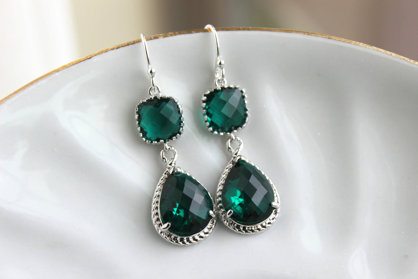 Silver Emerald Green Earrings Two Tiered - Emerald Wedding Jewelry - Dark Green Bridesmaid Earrings Gift Bridal Jewelry - Gift Under 35