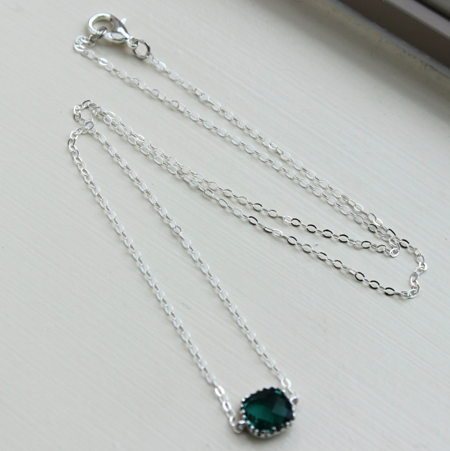 Dainty Emerald Green Necklace Sterling Silver Chain - Charm Necklace Green Bridesmaid Necklace Hunter Green Wedding Jewelry - Gift under 25