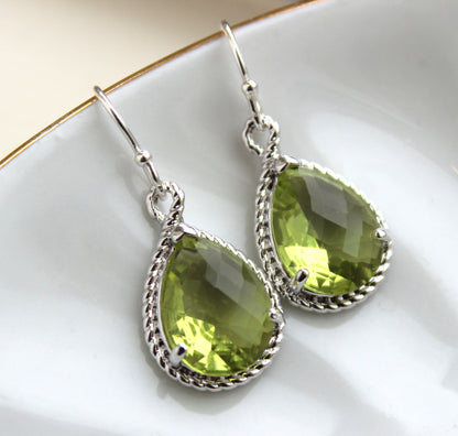 Silver Peridot Apple Green Earring Necklace Jewelry Set - Wedding Jewelry Bridesmaid Jewelry Gift Bridal Jewelry Set Personalized Note Card