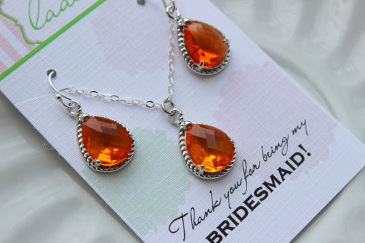 Silver Burnt Orange Jewelry Set - Amber Earring Necklace Set - Wedding Jewelry Bridesmaid Gift Bridal Jewelry Set Personalized Note Card