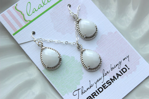 Silver White Opal Jewelry Set - Ivory Cream Earring Necklace Set - Wedding Jewelry Bridesmaid Gift Bridal Jewelry Set Personalized Note Card