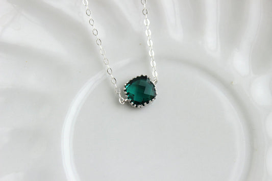 Dainty Emerald Green Necklace Sterling Silver Chain - Charm Necklace Green Bridesmaid Necklace Hunter Green Wedding Jewelry - Gift under 25