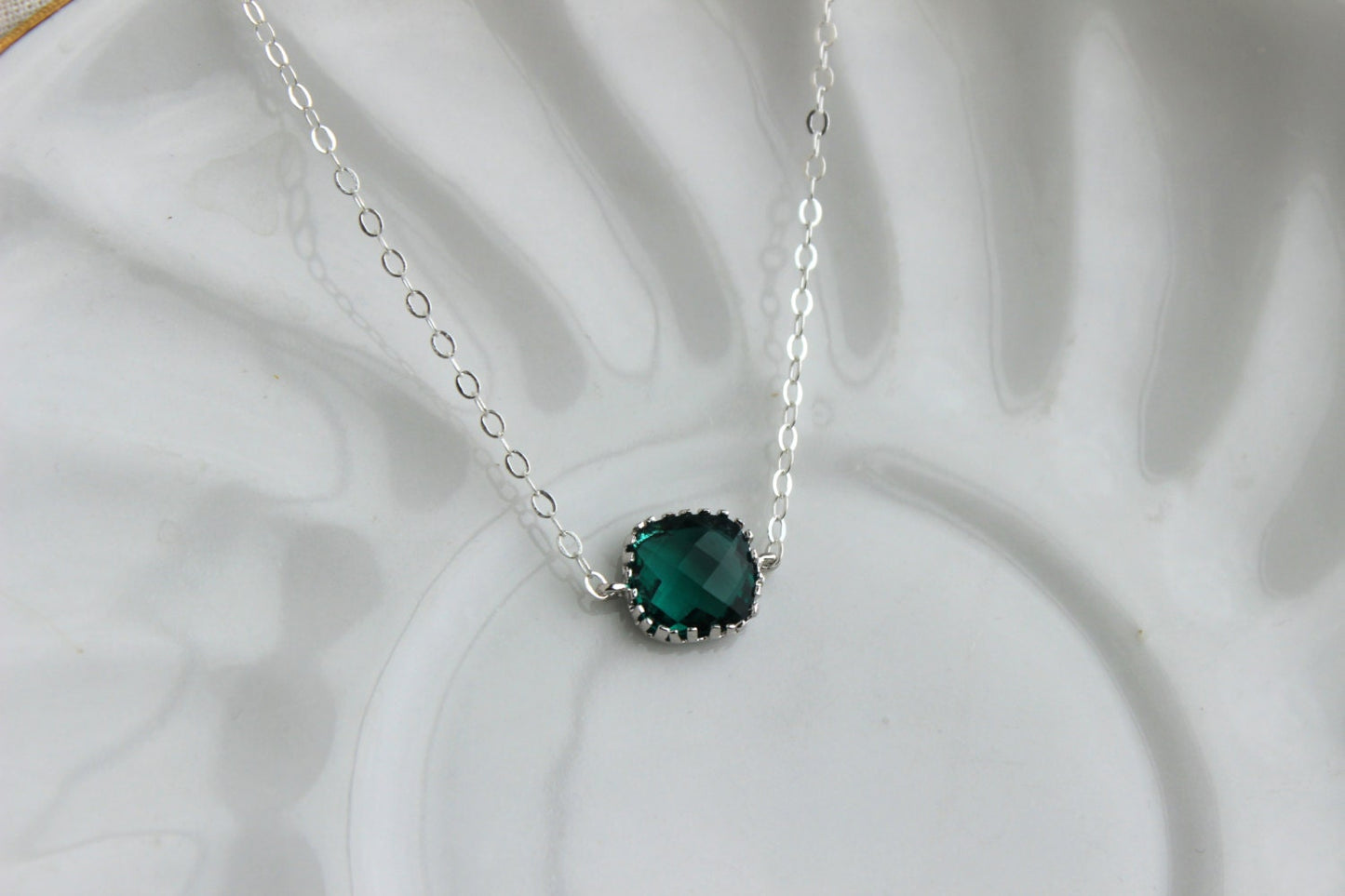 Dainty Emerald Green Necklace Sterling Silver Chain - Charm Necklace Green Bridesmaid Necklace Hunter Green Wedding Jewelry - Gift under 25