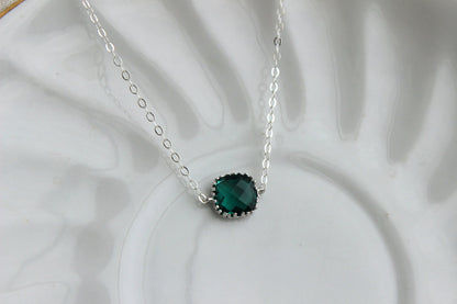 Dainty Emerald Green Necklace Sterling Silver Chain - Charm Necklace Green Bridesmaid Necklace Hunter Green Wedding Jewelry - Gift under 25