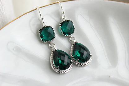 Silver Emerald Green Earrings Two Tiered Glass Earrings Jade Bridesmaid Earrings Emerald Wedding Earrings Wedding Jewelry Bridesmaid