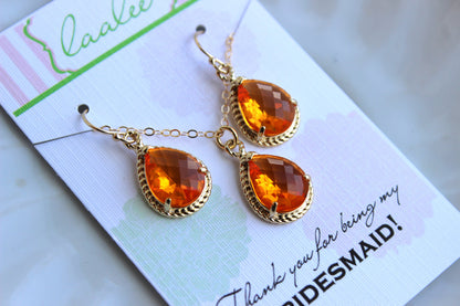 Gold Burnt Orange Jewelry Set Tangerine Earring Necklace Orange Wedding Jewelry Set Bridesmaid Jewelry Bridal Gift Personalized Note Card