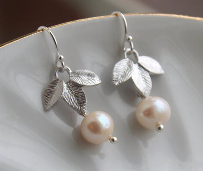 Silver Freshwater Pearl Earrings - Silver Leaf Earrings - White Pearl Jewelry -Pearl Bridal Earrings Bridesmaid Earrings - Wedding Jewelry