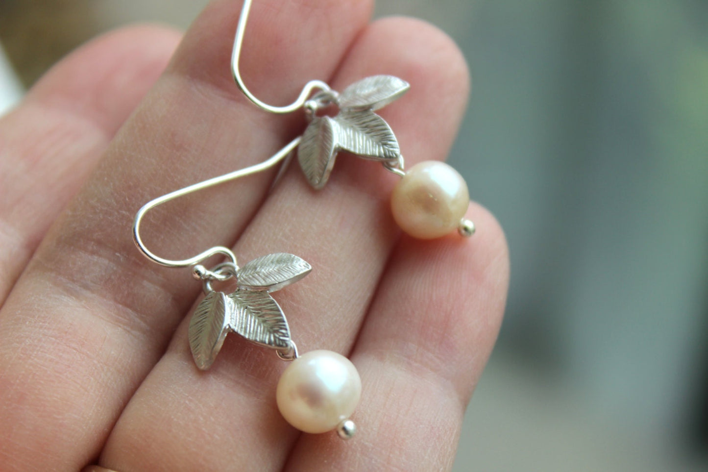Silver Freshwater Pearl Earrings - Silver Leaf Earrings - White Pearl Jewelry -Pearl Bridal Earrings Bridesmaid Earrings - Wedding Jewelry