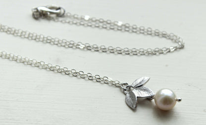 Silver Leaf Freshwater Pearl Necklace - Sterling Silver Chain - White Pearl Jewelry - Pearl Bridesmaid Gift - Pearl Bridal Jewelry