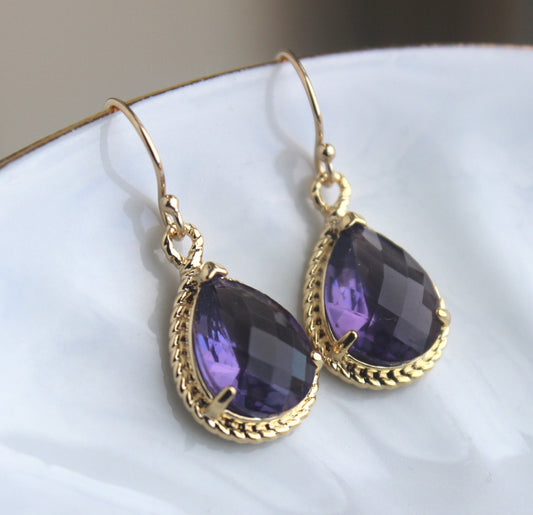 Gold Amethyst Earrings Purple Tanzanite Jewelry - Purple Bridesmaid Earrings Eggplant Wedding Earrings Bridal Jewelry - Bridesmaid Gift