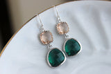 Emerald Green Champagne Blush Earrings Peach Pink Jewelry - Sterling Silver Earwires - Bridesmaid Earrings - Bridal Earrings