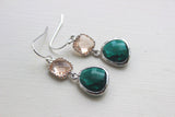 Emerald Green Champagne Blush Earrings Peach Pink Jewelry - Sterling Silver Earwires - Bridesmaid Earrings - Bridal Earrings