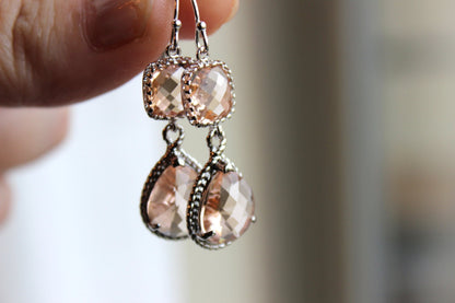 Blush Champagne Earrings Peach Pink Silver Earrings Teardrop Glass Two Tier - Bridesmaid Earrings Wedding Earrings Bridesmaid Jewelry