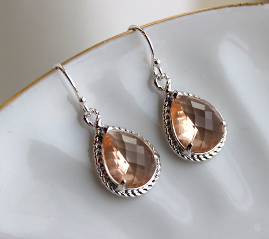 Silver Blush Champagne Earrings Peach Pink Jewelry Blush Teardrop Earrings - Peach Bridesmaid Earrings - Blush Wedding Jewelry Pink Bridal