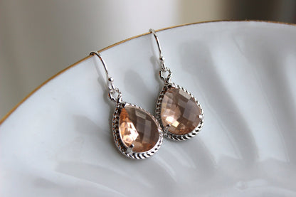 Silver Blush Champagne Earrings Peach Pink Jewelry Blush Teardrop Earrings - Peach Bridesmaid Earrings - Blush Wedding Jewelry Pink Bridal