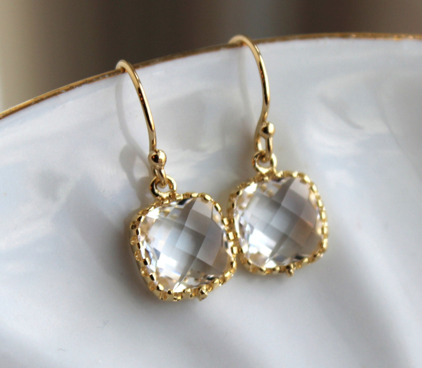Dainty Small Gold Crystal Earrings - Crystal Clear Bridesmaid Earrings - Wedding Earrings - Gold Wedding Jewelry - Gold Bridal Earrings