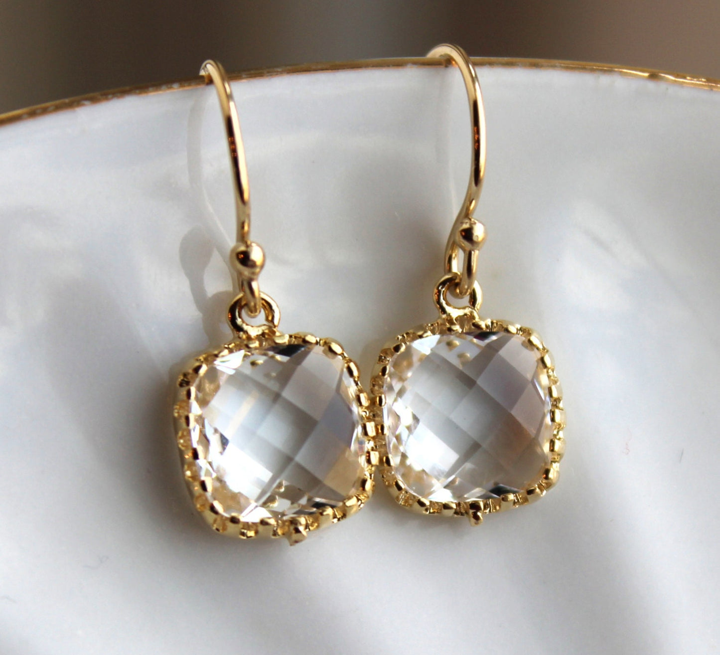 Dainty Small Gold Crystal Earrings - Crystal Clear Bridesmaid Earrings - Wedding Earrings - Gold Wedding Jewelry - Gold Bridal Earrings