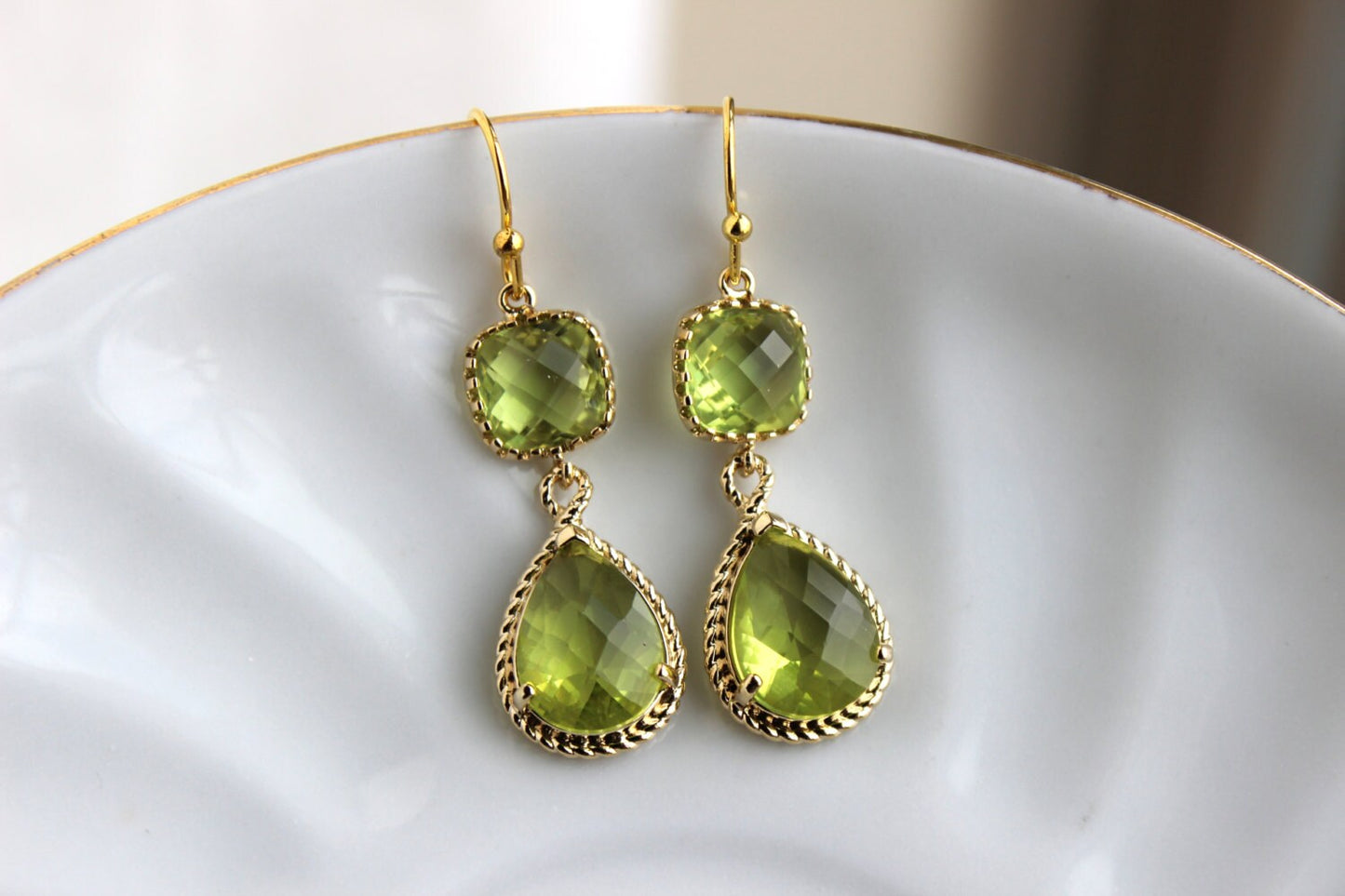 Gold Peridot Earrings Apple Green Two Tier Earrings - Peridot Jewelry - Chartreuse Earrings - Bridesmaid Jewelry - Wedding Jewelry Earrings