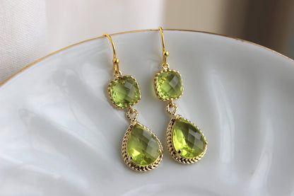 Gold Peridot Earrings Apple Green Two Tier Earrings - Peridot Jewelry - Chartreuse Earrings - Bridesmaid Jewelry - Wedding Jewelry Earrings
