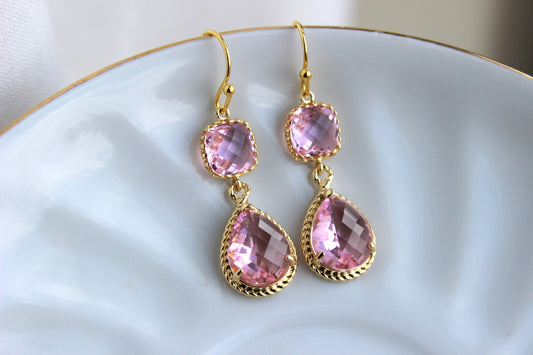 Gold Light Pink Earrings Blush Pink Jewelry Two Tier Teardrop - Blush Bridesmaid Earrings Pink Wedding Jewelry - Bridal Accessories