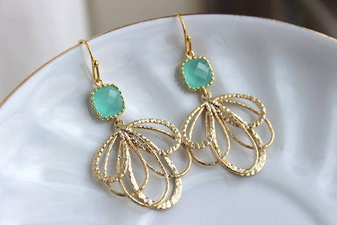 Gold Mint Feather Earrings Aqua Blue Jewelry - Mint Bridesmaid Earrings - Gold Bridal Earrings - Wedding Jewelry - Blue Minimalist Jewelry