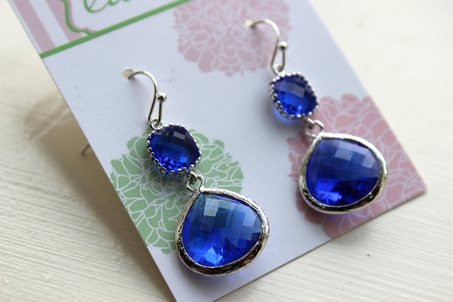 Silver Large Cobalt Blue Earrings Electric Blue Jewelry - Two Tiered Earrings Cobalt Blue Bridesmaid Jewelry Something Blue Wedding Jewelry